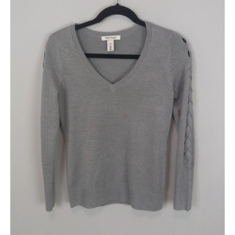 White House Black Market V-Neck Braided Sleeve Sweater Gray Size X-Small